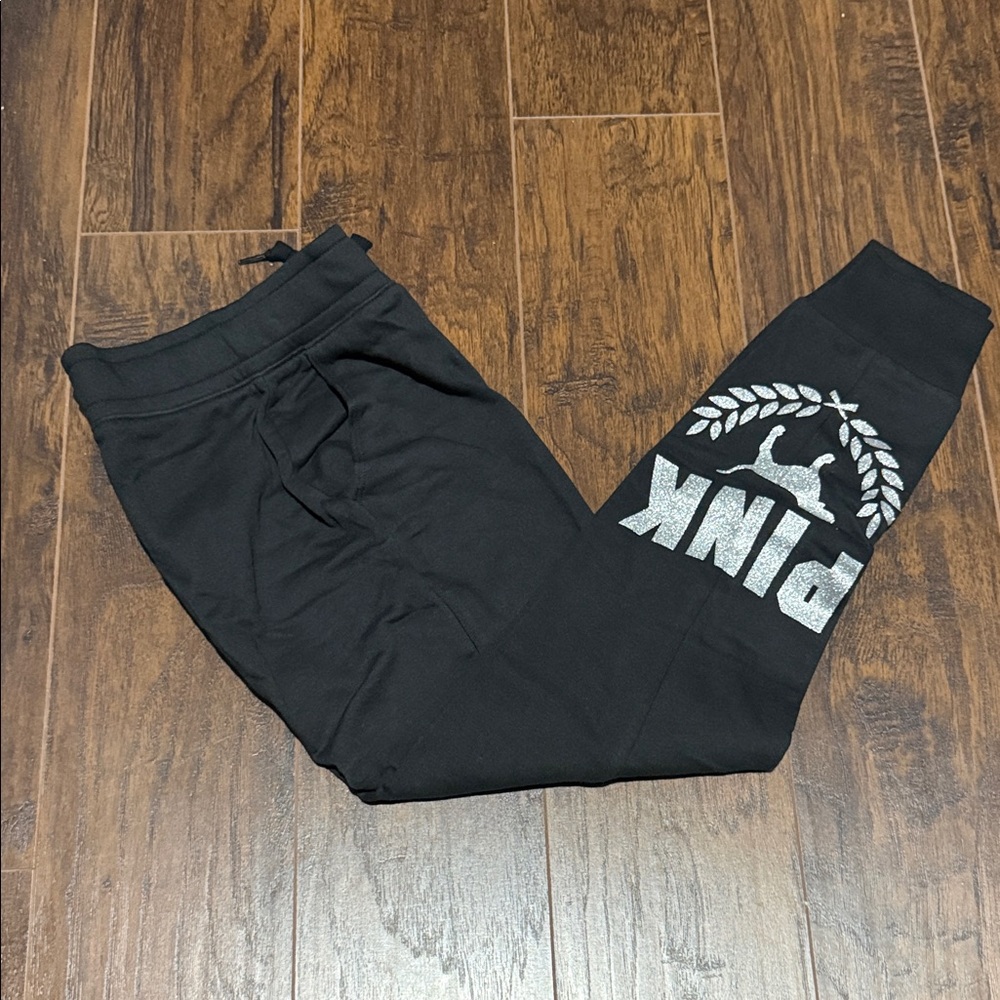 PINK Victoria's Secret Black Jogger Pants with Silver glitter letters NWT